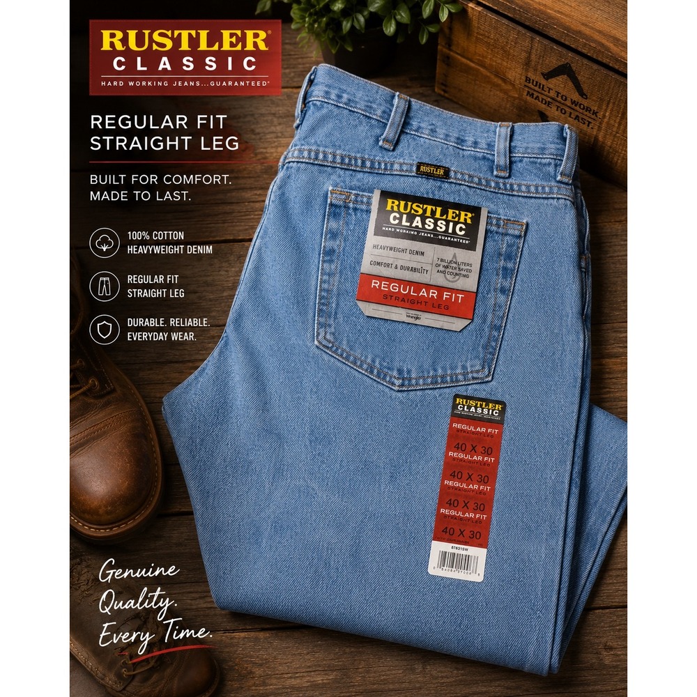 Rustler Classic Regular Fit Straight Leg Jeans Men's 40x30 Light Wash NWT